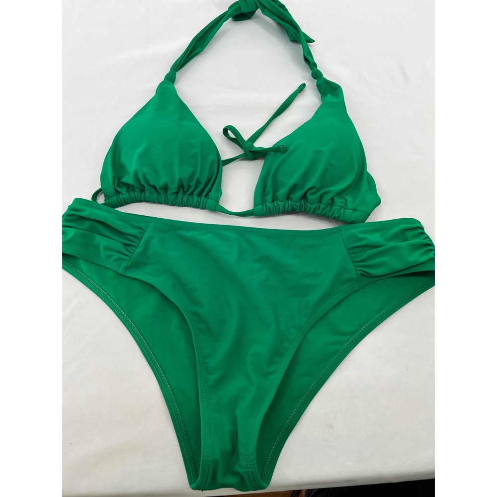 Triangle Halter Bikini Swimsuit Women XL Green Ruched Side Bottom Beachwear Pool - Picture 5 of 10